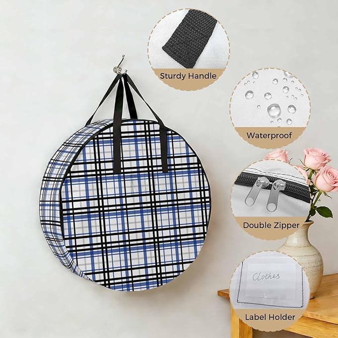 Storage Bag Blue Black Buffalo Plaid Round Storage Totes Bins Closet Organizers with Zippers & Handle Check Stripe Clothes Storage Container for Bedroom Dorm Space Saving Packing Supplies Moving Bags