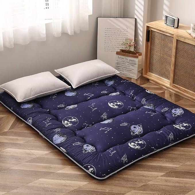 MAXYOYO Navy Space Adventure Japanese Floor Futon Mattress, Thicken Tatami Mat Sleeping Pad Foldable Roll Up Mattress Floor Lounger Couches and Sofas for Kids Twin Size