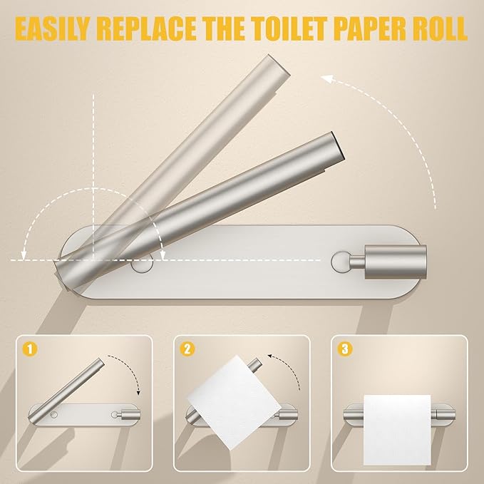 BESy Adhesive or Screw Toilet Paper Holder Wall Mount Rustproof Modern Roll Holder Flexible Pivoting Adjustable Tissue Handle with Self Adhesive or Mounted with Screws Stainless Steel Brushed Nickel