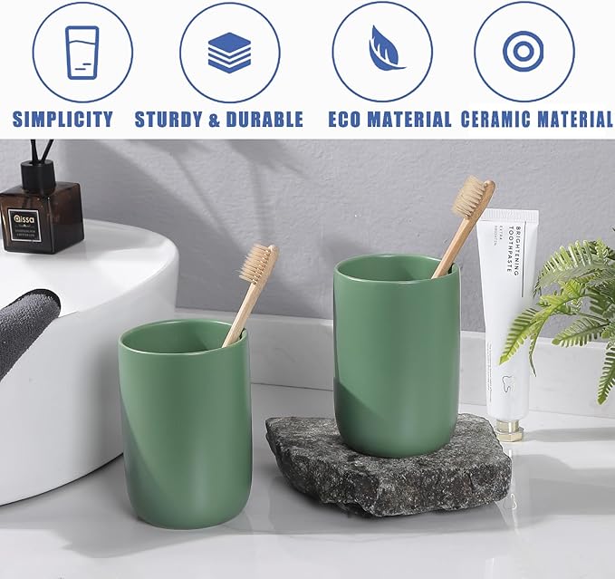 Green Toothbrush Holders for Bathrooms - 2 Cups Ceramic Toothbrush Toothpaste Holders Set, Green Bathroom Tumbler Cups Reusable Toothbrush Mouthwash Cup, Bathroom Counter Organizer.