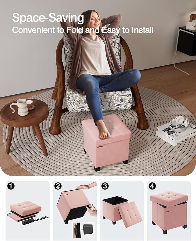 ABHENG Cube Storage Ottoman, Velvet Foot Stool with Feet, Folding Storage Bench, End of Bed Bench, Chest, for Living Room, Bedroom and Office, 15 x 15 x 15.7 Inches, Jelly Pink, ASND22P