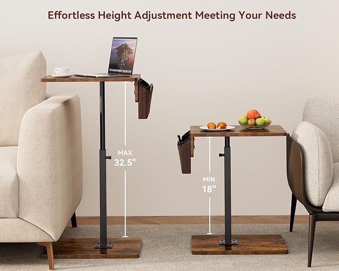 Vagusicc Sofa Armrest Tray Table for Couch, 360° Swivel Height Adjustable TV Tray Table for Small Spaces, Snack Side Table for Couch, Bed, Chair, C Shaped End Side Table for Eating, Reading, Laptop