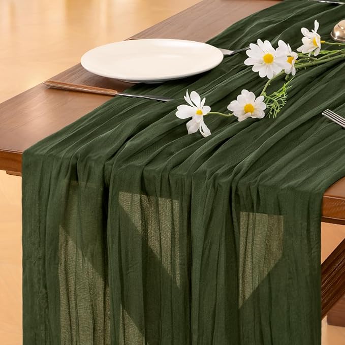 Socomi 2pcs Olive Green Spring Cheesecloth Table Runner Boho Rustic Gauze 120 inch 10FT Cheese Cloth Runner for Wedding Party Baby Shower Birthday Home Decor