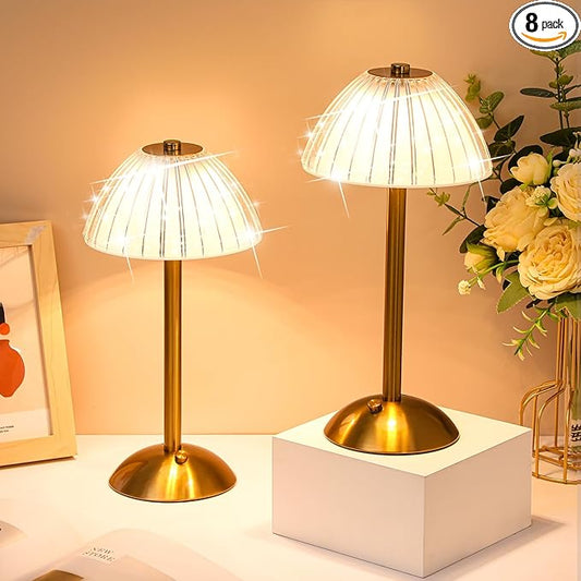 Liliful 8 Pcs Cordless Table Lamp Rechargeable Touch LED Small Gold Portable Battery Operated USB-c Desk Lamp 3 Color Dimmable for Bedroom Living Room Dining (Gold,Mushroom Style)