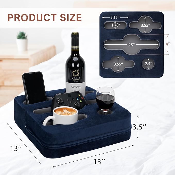 Couch Cup Holder Pillow - Sofa Cup Holder | Couch Caddy, Couch Drinks Remotes Holder for Cups, Headphones, Snacks, and Phones | Use it on Car, Pack, Beach, RV, and More (Navy)