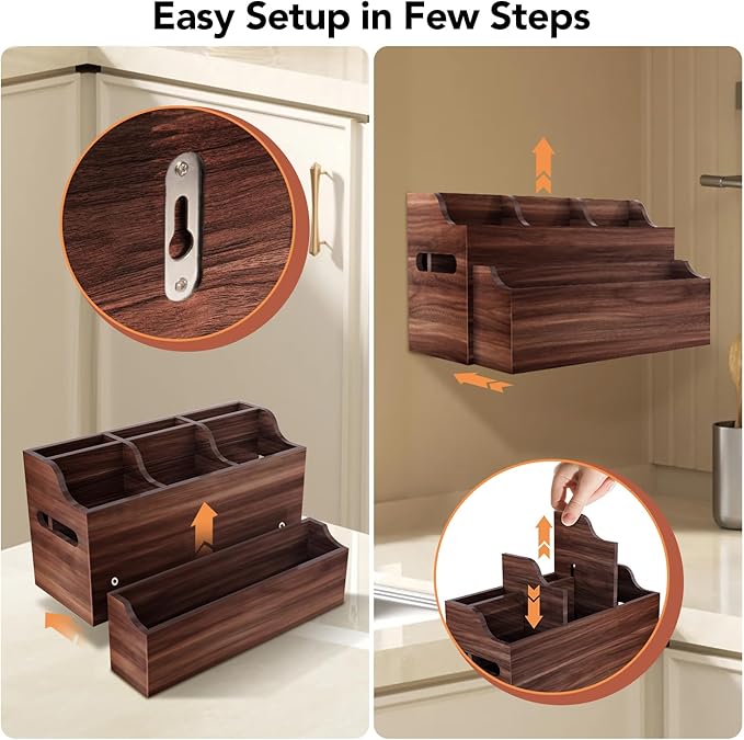 Wooden Kitchen Utensil Holder for Countertop, Large Utensil Organizer with Removeable Dividers, Wall Mount Kitchen Organizer for Cooking Tools & Silverware, with Spoon Rest and Diatomite Base