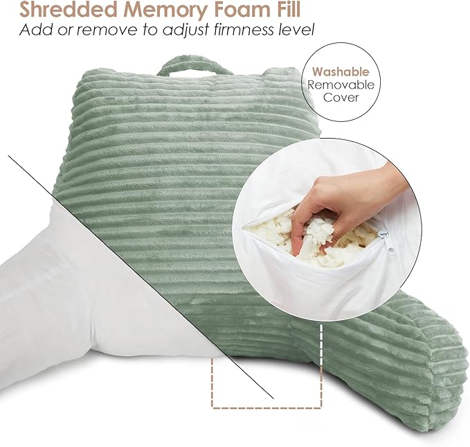Clara Clark Reading Pillow for Bed Adult – Back Pillow for Sitting in Bed, Standard Bed Pillows for Sitting Up, Foam Chair Pillow, Sage Green Rest Pillow