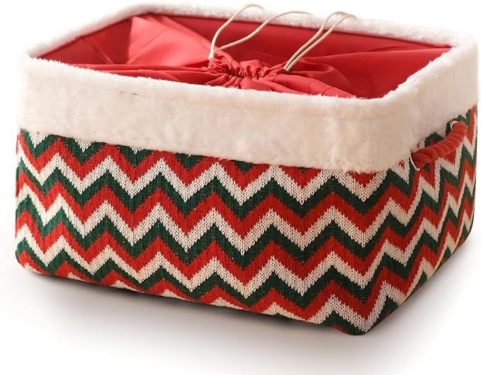 INough Christmas Ornament Storage Box Holiday Decoration Organizer, Knitted with Bulky Yarn Christmas Basket for Kids Gifts Baskets Empty with Handles Santa Sack with Drawstring (Large, Green Wave)