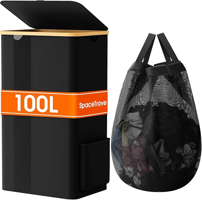 SpaceTrove Laundry Basket Clothes Hamper with Lid and Removable Bag Large Collapsible Laundry Baskets with Handle, Freestanding Hampers for Bedroom Aesthetic, Dorm, Bathroom, Laundry Room 100L (Black)