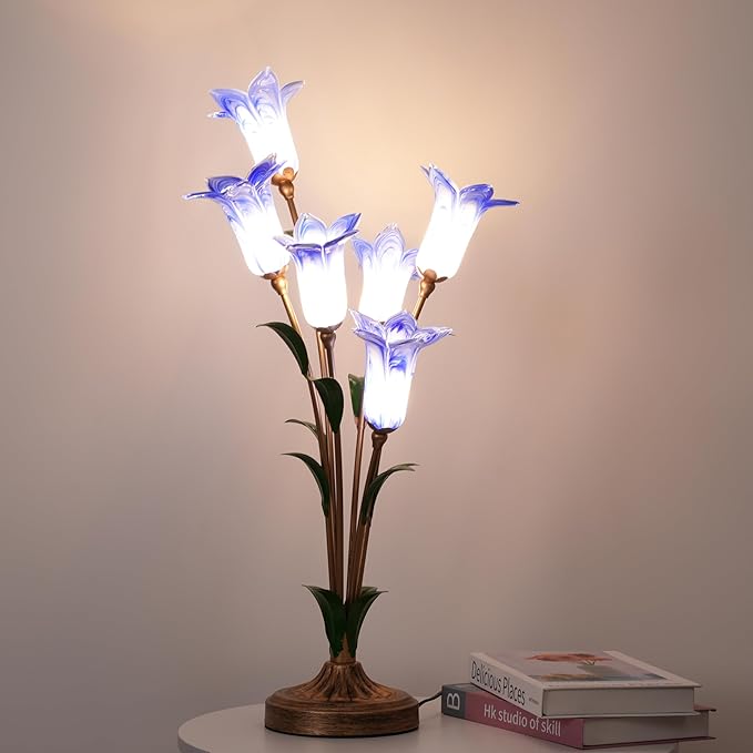 Skyblaze Classic Style Table Lamp with Flower Glass Shade, Elegant Flower Night Light, Art Deco Accent Table Lamp for Bedroom Living Room (Blue, 6 Lights)