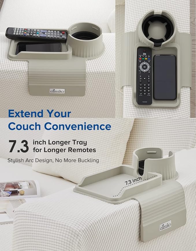 Couch Cup Holder Tray, Elimiko Silicone Sofa Drink Holder with Large Cup Holder and Tray, for Oversized Mugs/Long Remote/Snacks/Cellphone (Griege)