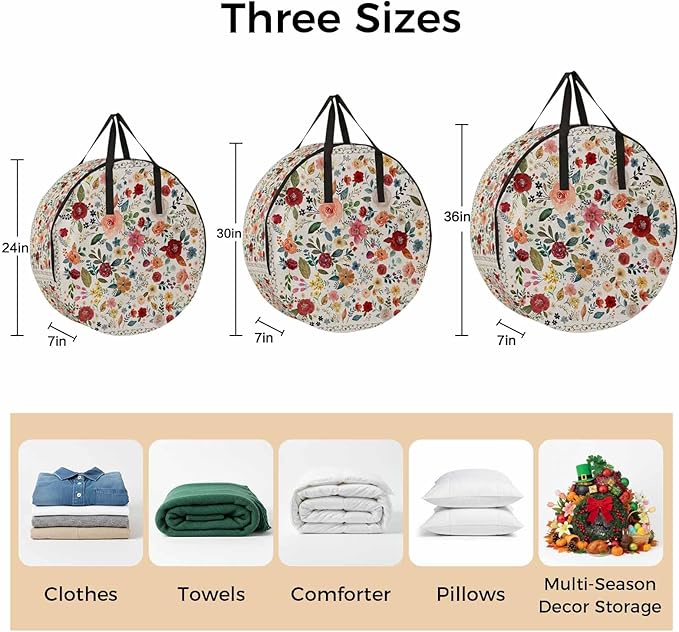 Storage Bag Beige Floral Round Storage Totes Bins Closet Organizers with Zippers & Handle Farmhouse Vintage Flower Clothes Storage Container for Bedroom Dorm Space Saving Packing Supplies Moving Bags