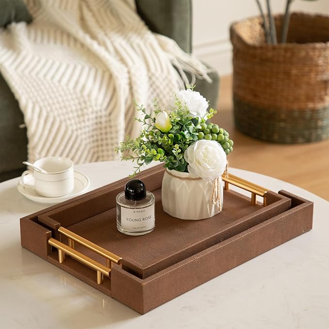 Set of 2 Decorative Tray Brown Shagreen Leather Tray, Modern Rectangle Serving Trays with Gold Polished Metal Handles, Ottoman Coffee Table Perfume Kitchen Trays Home Decor