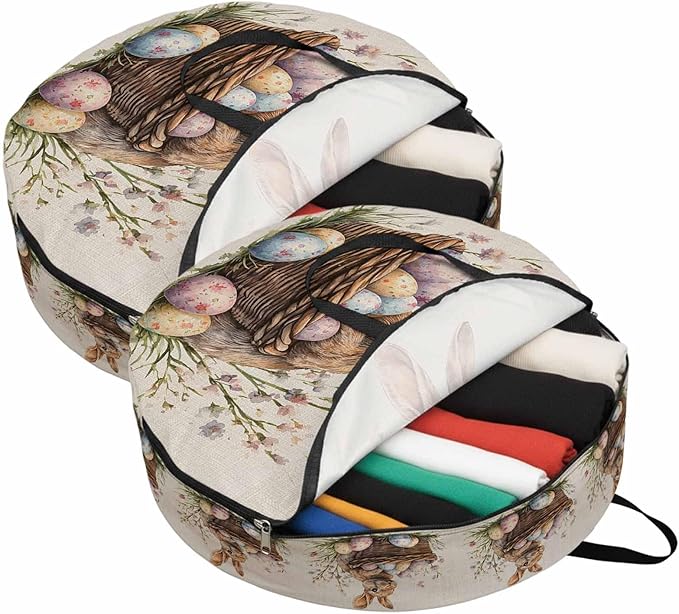 36 Inch Round Storage Bag 2 Pack,Rabbit Easter Egg Basket on Linen Waterproof Wreath Storage Container with Handles&Zipper Colorful Spring Flower Closet Organizer Bags Garland Box