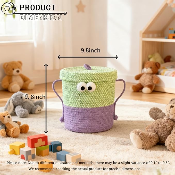 Cotton Rope Storage Basket with Lid & Handles, Cute Monster Decor Basket for Nursery, Toys, Diapers, Baby Shower & Easter Gift, 9.8" x 9.8" (Green & Purple)