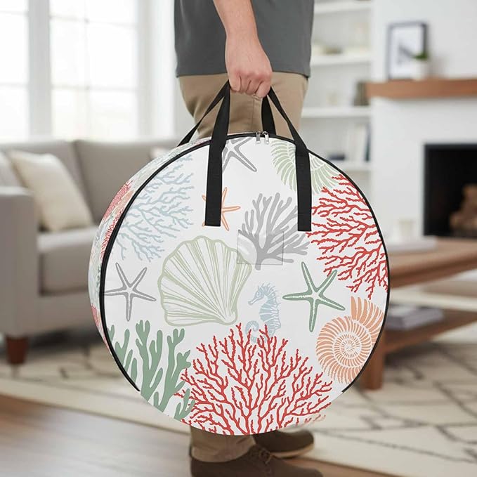Red Coral Round Storage Bag 30 Inch, Sage Green Starfish Ocean Coastal Seashell Clothes Storage Container with Handles Heavy Duty Organizer for Comforter, Bedding & Holiday Wreaths
