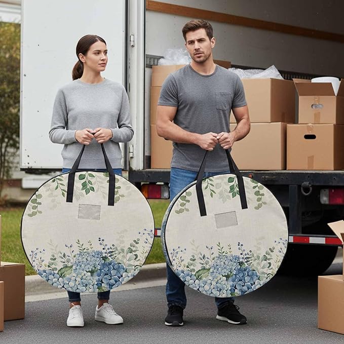 Storage Bag Blue Hydrangea Round Storage Totes Bins Closet Organizers with Zippers & Handle Green Eucalyptus Leaves Linen Clothes Storage Container for Bedroom Dorm Space Saving Packing Supplies Bags