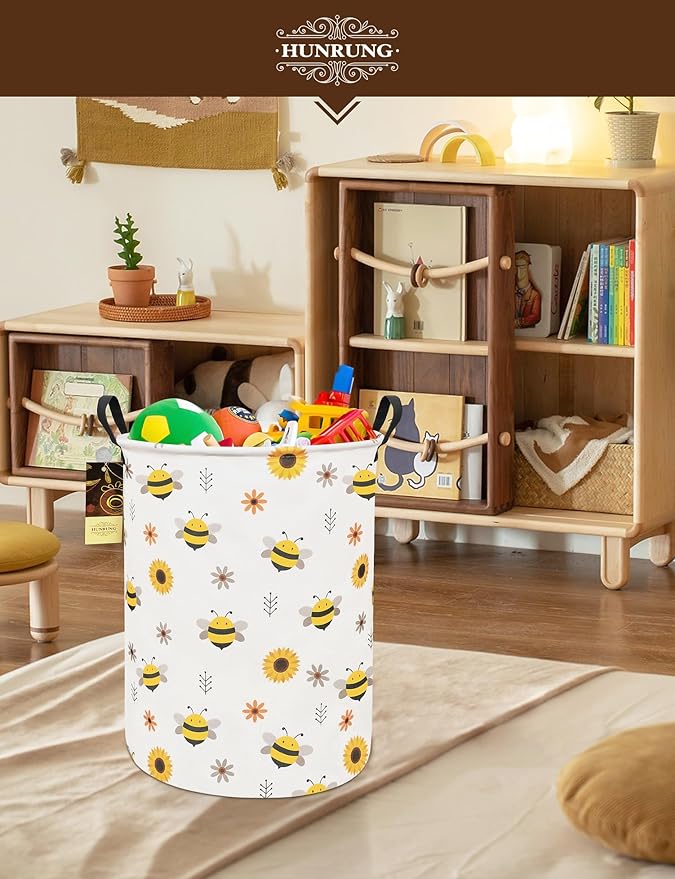 HUNRUNG Collapsible Fabric Storage Basket, Waterproof Laundry Hamper with Handles, Round Storage Bin for Clothes Toys, Foldable Organizer for Bedroom Nursery Bathroom(Round-Bee)