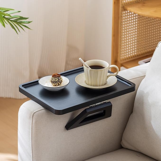 Bamboo Sofa Arm Tray Table, Foldable Clip-on Side Table, Wide Couch Cup Holder (Black)