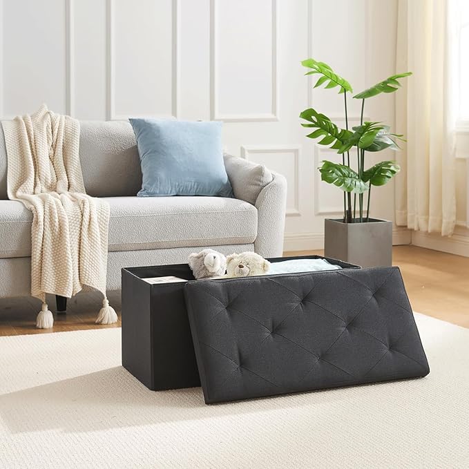VECELO 30'' Folding Storage Ottoman Bench, Storage Chest, Linen Fabric Foot Rest Stool, 110L Storage Footstools for Bedroom and Living Room, Holds up to 440 lbs, Dark Black