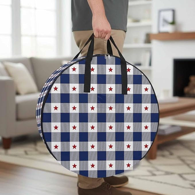 Independence Day Round Storage Bag 36 Inch, Patriotic Star Plaid Blue White Clothes Storage Container with Handles Heavy Duty Organizer for Comforter, Bedding & Holiday Wreaths