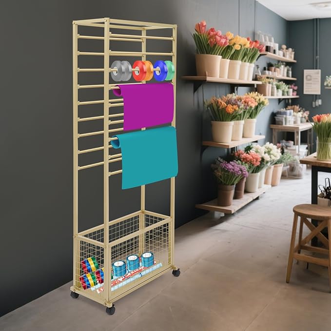 20 Tier Ribbon Holder Organizer Rack, Metal Double-Sided Ribbon Spool Storage Shelf with Wheels, Rolling Flower Wrapping Paper Storage Stand for Craft Room Flower Shop Gift Wrapping(Taller, Gold)