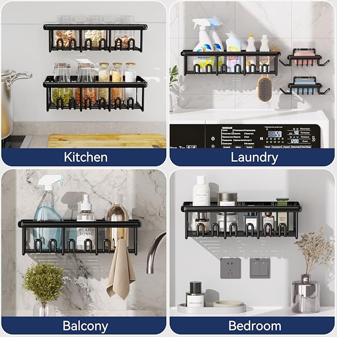 8 Pack Adhesive Rustproof Shower Shelves with Soap Dishes, Toothbrush Holder & Hooks, Large Capacity No-Drilling Shower Shelves Rack for Bathroom Organizers and Storage Accessories, Black