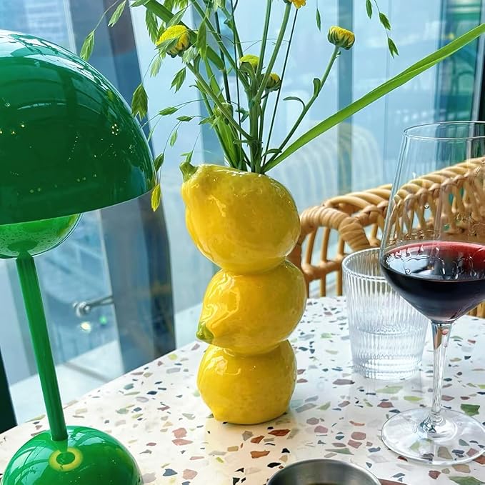 Lemon Figurine Decor, Yellow Ceramic Bud Vase Dining Table Centerpieces for Home and Kitchen, Spring Summer Yellow Home Decorations, Mediterranean Decoration for Italian Themed Party