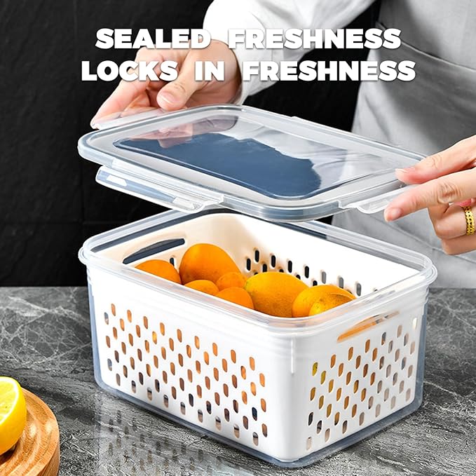 3PCS Fruit Containers for Fridge with Removable Filter, Berry Airtight Produce Storage Containers to Keep Fruit and Vegetables Fresh, BPA-Free Dishwasher Safe Food Containers (Blue)