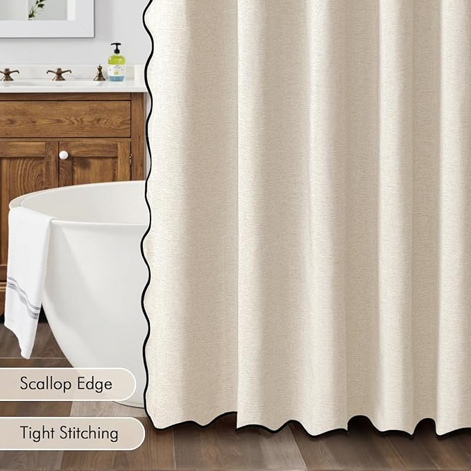 MIULEE Light Cream Scalloped Shower Curtain Linen Textured with 12 Metal Hooks Cute Heavy Duty Washable Waterproof Thick Cloth Shower Curtains with Black Border for Bathroom Hotel Bathtub,W72*L72