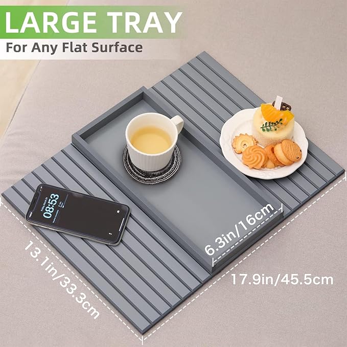 Bamboo Sofa Arm Tray with 2Pcs Cup Mats, Foldable Sofa Armrest Tray Side Table, Anti-Dropping Couch Armrest Table Cup Holder for Eats Drinks Snacks Remote Cellphone Cup Holder(Gray)