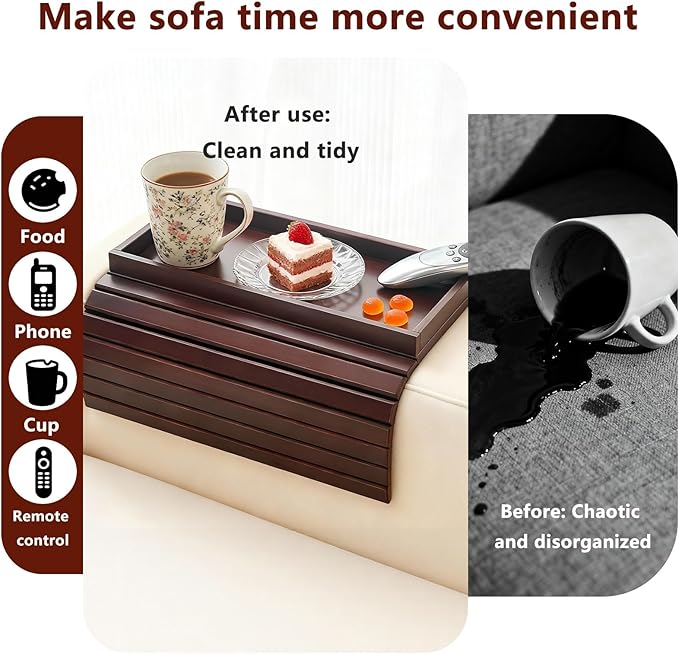 Bamboo Couch Arm Tray Table, Foldable Sofa Rest with Non-Slip Base Portable Armchair Cup Phone Holder for Drinks, Remote, Snacks Fits Most Recliners Couches, Easy-Clean Surface(Mahogany)