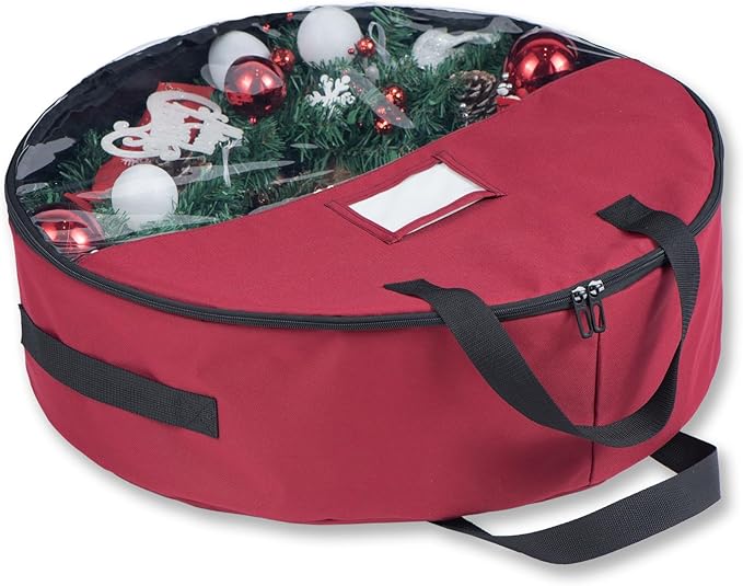 Christmas Wreath Storage Bag 30 inch Christmas Decoration Container with Transparent Window Garland Storage Bag with Three Handles Double Zipper (red) (30")