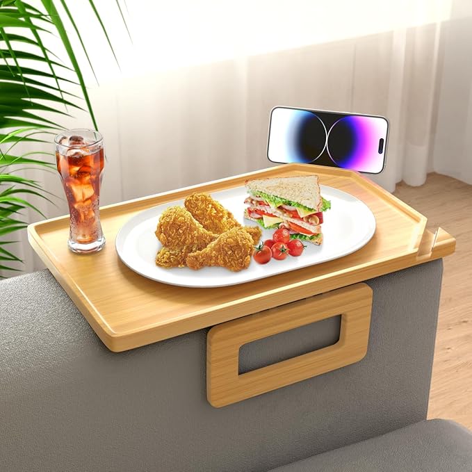 Smatdecis Couch Arm Tray Table Sofa Arm Clip, Armrest Tray Table Suitable for Home Drinks/Fast Food/Fruit Etc, Large Size Multi-Function Natural(Dual Phone/Tablet Holder)