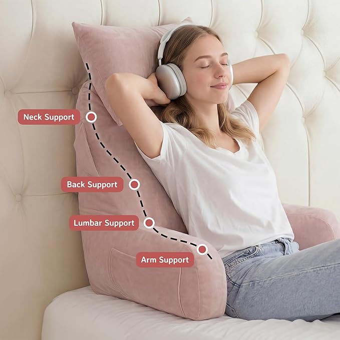 Unisakey Portable Reading Pillows with Headrest for Bed Sitting Up(Pink Oeko-Tex), Velvet Back Pillow with Arms & Pockets for Adults, Support Memory Foam Bed Pillow for Dorm/Reading/Watching/Gaming