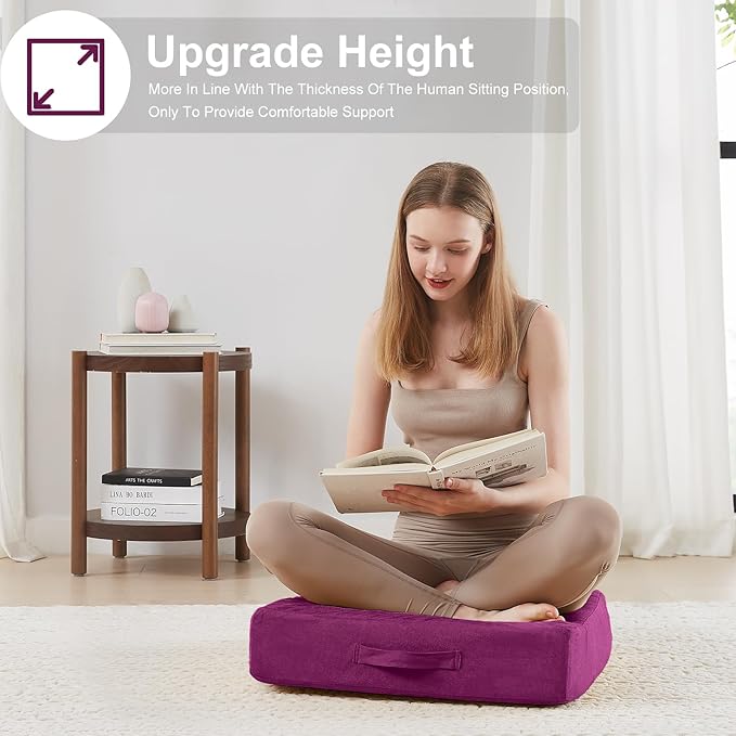 JKMAX 2 Pcs High Density Foam Floor Pillow - Upgraded Large Pillows Seating for Adults - Outdoor Floor Cushion with Soft Tufted Cover - Yoga Pillows for Sitting On Floor - 22 Inch Purple