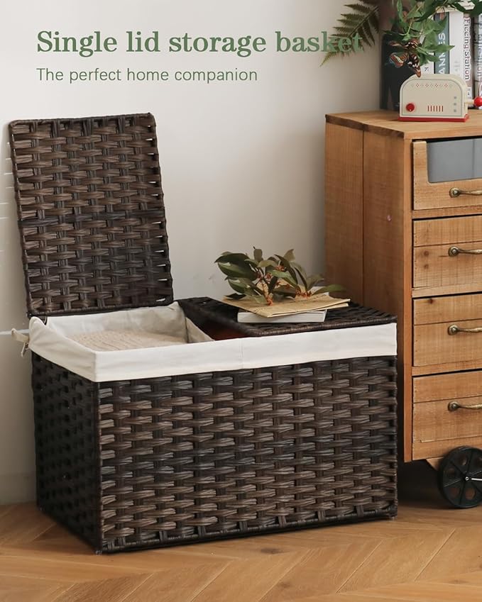 SETVSON Storage Basket with Lid Rattan Woven Storage Baskets with 2 Separate Lids, 17.2 Gallon (65 L), 22 x 13 x 13.8 Inches,Foldable, 2 Removable Liner Bags Handles for Bedroom, Laundry Room Brown