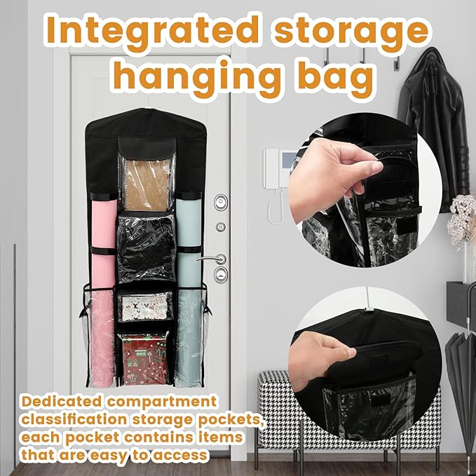 Wrapping Paper Storage - Double-Sided Hanging Wrap Organizer, Compartmental Wrap Organizer Holder, Wrapping Paper Storage Containers, Behind The Door Storage for Kitchen Bedroom Closet (Black)