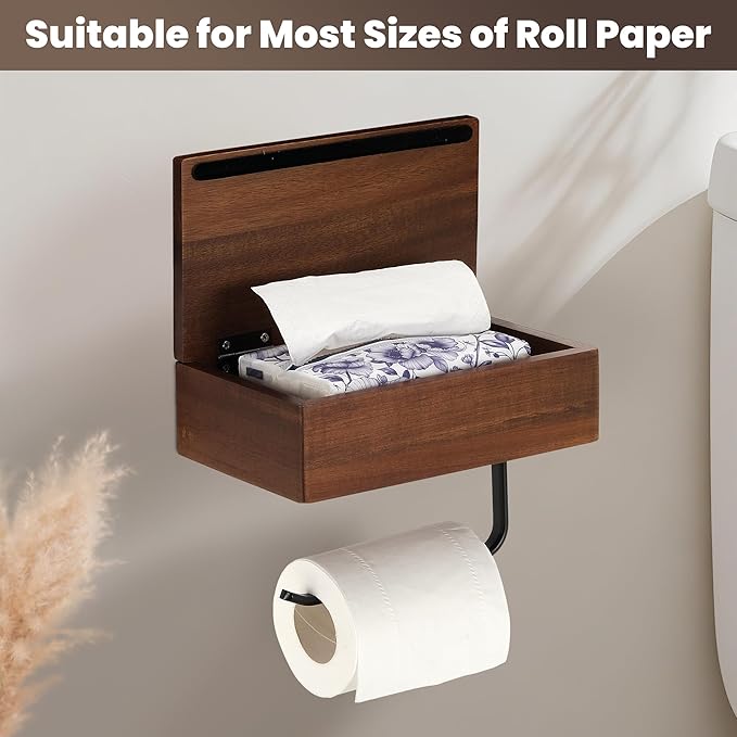 Toilet Paper Holder with Acacia Wood Shelf - Wall Mount & Self-Adhesive Bathroom Tissue Roll Holder, Black Stainless Steel with Storage - Home Apartment Restroom