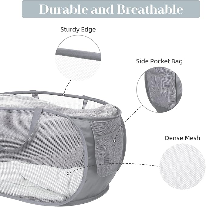 4 Pack Collapsible Laundry Baskets, Foldable Laundry Basket with Pocket, Durable Pop Up Hampers, Reinforced Handles Dirty Clothes Hamper for Laundry, Bedroom, Bathroom, Dorm, Travel or Camping Grey