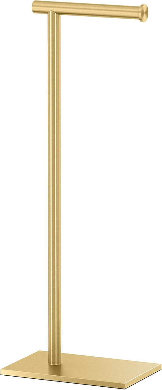 Gatco 1431B, Modern Rectangle Base Freestanding Toilet Paper Holder, 22.25”, Brushed Brass/Free Standing Toilet Tissue Holder Stand with Weighted Base