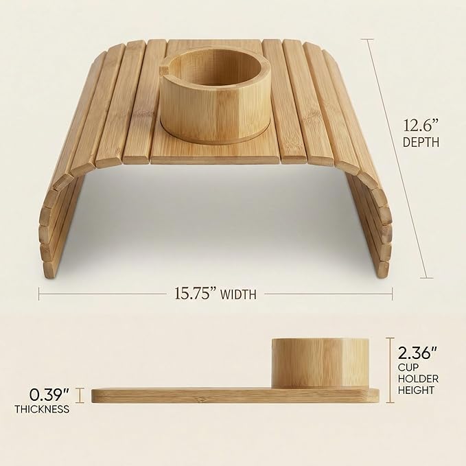 Bamboo Couch Arm Tray for Drinks and Snacks with Detachable Cup Holder and Anti Slip Base, Foldable Sofa Arm Tray for Convenient Couch Side Use