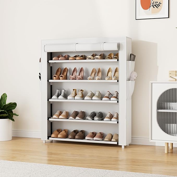 VILICK Shoe Rack with Cover, 5 Tier Shoe Organizer Storage for 20-24 Pair Shoes and Boots Large Shoe Storage Shelf Space Saving Vertical Shoe Rack for Closet, Front Door Entrance, Dorm, Garage, White