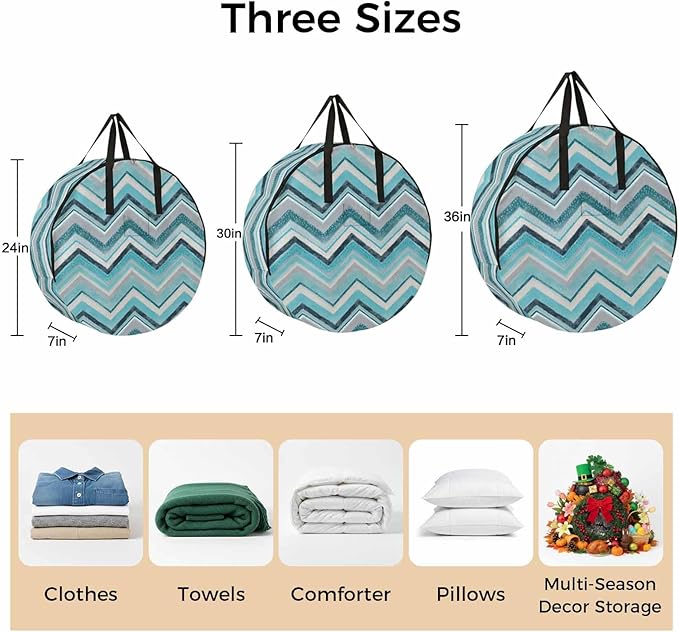 Storage Bag Aqua Turquoise Chevron Round Storage Totes Bins Closet Organizers with Zippers & Handle Geometric Design Stripe Clothes Storage Container for Bedroom Dorm Space Saving Packing Supplies