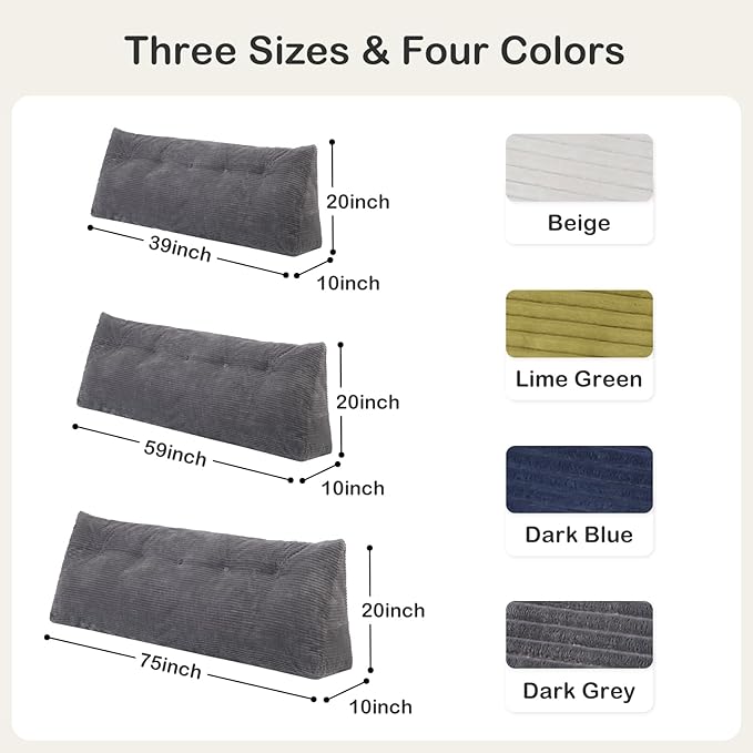 Headboard Pillow Twin, Wedge Headboard Pillow for Bed Sofa, Triangular Backrest Pillow with Removable Cover for Reading, Working, Sitting, Dark Grey