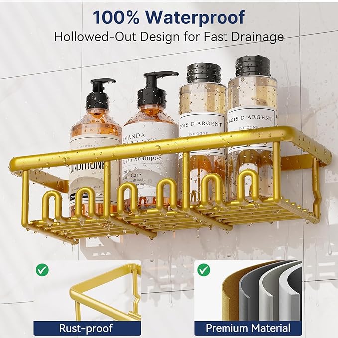 8 Pack Adhesive Rustproof Shower Shelves with Soap Dishes, Toothbrush Holder & Hooks, Large Capacity No-Drilling Shower Shelves Rack for Bathroom Organizers and Storage Accessories, Gold