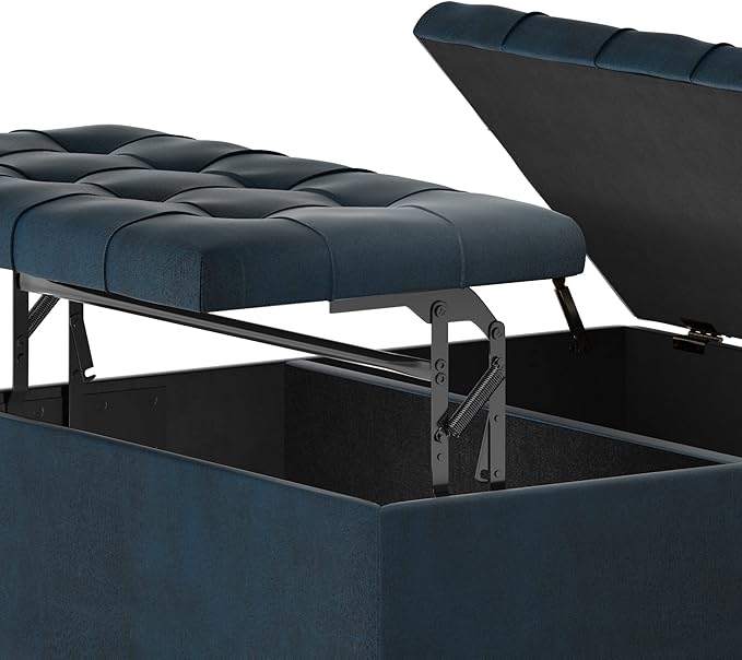 SIMPLIHOME Harrison Coffee Table Storage Ottoman - 36 inch Wide Upholstered Vegan Leather Square Lift-Top Ottoman in Distressed Dark Blue, Transitional Ottoman for Living Room with Hidden Storage