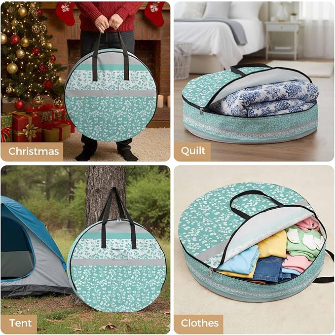 Storage Bag Aqua Grey Leaves Round Storage Totes Bins Closet Organizers with Zippers & Handle Stitching Stripes Clothes Storage Container for Bedroom Dorm Space Saving Packing Supplies Moving Bags