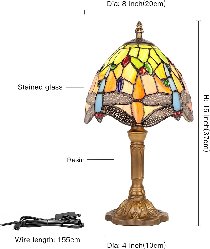 8" Tiffany Style Table Lamp, Dragonfly Small Stained Glass Night Lamp, Handmade Desk Bedside Antique Light for Living Room, Bedroom and Study, Ideal Art Gift for Family & Friends
