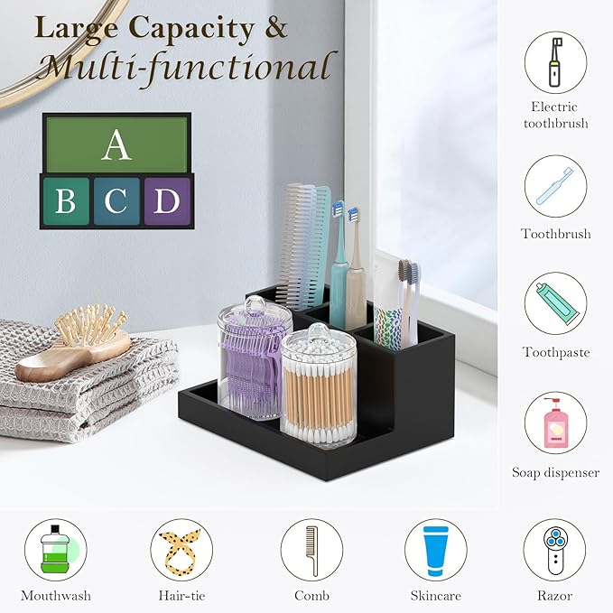 Toothbrush Holder for Bathroom with 2PCS Qtip Holder Dispenser, 3 Slot Bathroom Accessories Holder Floss Cotton Swab Holder Bathroom Vanity Tray for Oral Care Comestic Organizer Counter Storage, Black